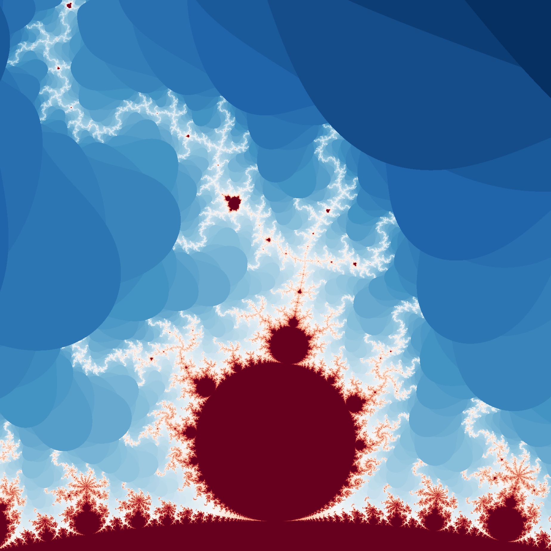 The Mandelbrot set rendered with z_t+1 = (z_t + c)^2 and an escape radius of 2.