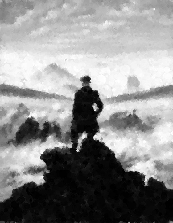 Wanderer above the sea of fog with transparent circles